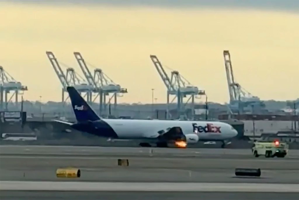 FedEx cargo plane with engine fire 
