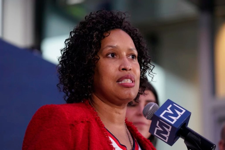 Washington DC Mayor Muriel Bowser speaks during a news conference at Capitol One Arena in Washington, Wednesday, March 27, 2024.(AP Photo/Stephanie Scarbrough)