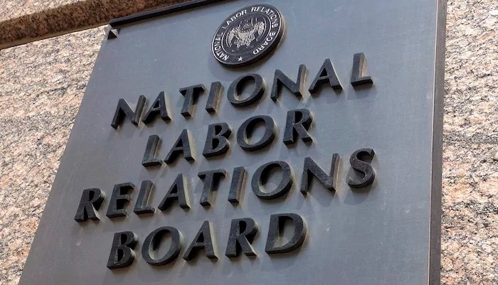 The sign for the National Labor Relations Board on its headquarters.