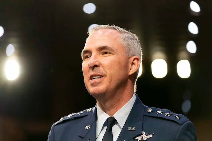 Air Force Lt. Gen. Stephen Whiting testifies during a Senate Armed Services Committee hearing to examine his nomination to be appointed to the grade of general and to be top commander of the U.S. Space Command, Wednesday, July 26, 2023, on Capitol Hill in Washington.