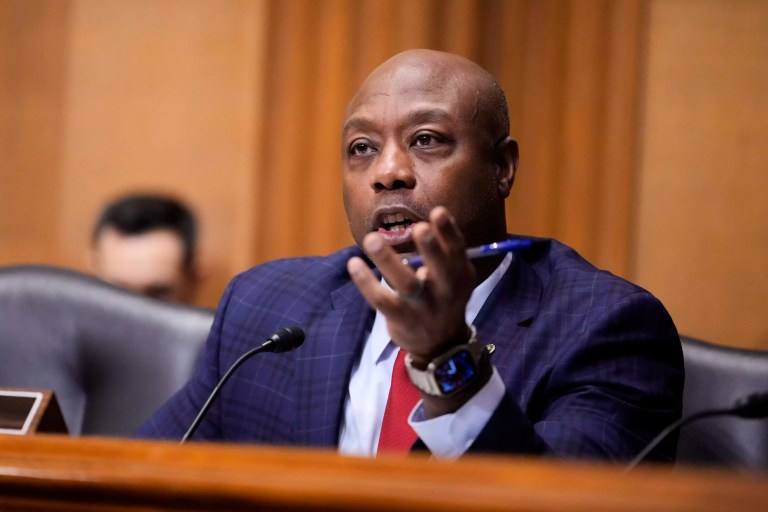 Sen. Tim Scott, R-S.C., speaks during the confirmation hearing before the Senate Finance Committee for Dr. Mehmet Oz, President Donald Trump's pick to lead the Centers for Medicare and Medicaid Services, on Capitol Hill in Washington, Friday, March 14, 2025. (AP Photo/Ben Curtis)