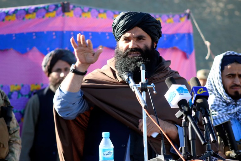 Acting Interior Minister Sirajuddin Haqqani speaks during the funeral prayers of Khalil Haqqani, the minister for refugees and repatriation, during his funeral procession in eastern Paktia province, Afghanistan, Dec. 12, 2024.
