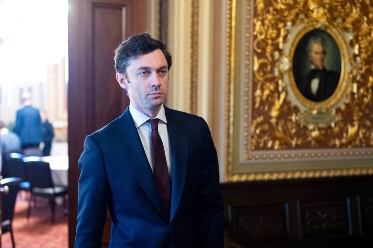 UNITED STATES - APRIL 1: Sen. Jon Ossoff, D-Ga., leaves the Senate Democrats' lunch in the Capitol on Tuesday, April 1, 2025. (Bill Clark/CQ Roll Call via AP Images)