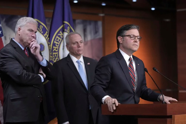 Speaker of the House Mike Johnson (R-LA), joined from left by House Majority Whip Tom Emmer (R-MN) and House Majority Leader Steve Scalise (R-LA), talks to reporters about his push for a House-Senate compromise budget resolution to advance President Donald Trump's agenda, even with opposition from hard-line conservative Republicans, at the Capitol in Washington, Tuesday, April 8, 2025.