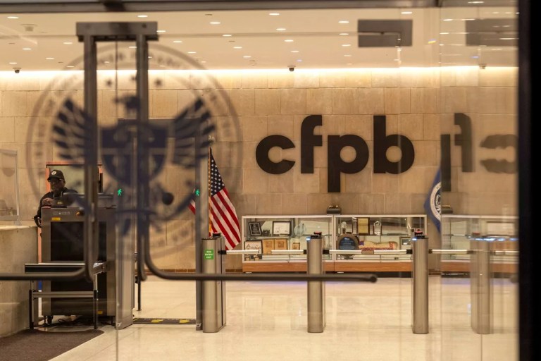 A security officer works inside of the Consumer Financial Protection Bureau headquarters on Monday, Feb. 10, 2025, in Washington.