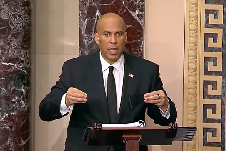 In this image provided by Senate Television, Sen, Cory Booker, D-N.J. speaks on the Senate floor, Tuesday morning, April 1, 2025.