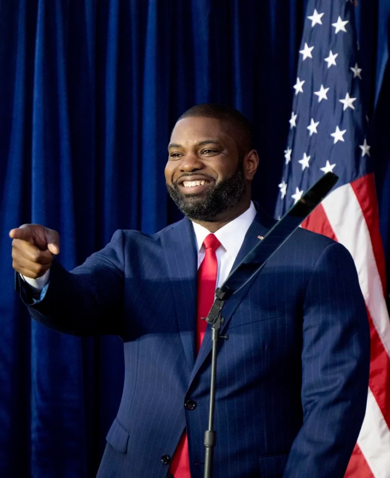 Rep. Byron Donalds (R-FL), a gubernatorial candidate, takes the stage during his kickoff campaign, Friday, March 28, 2025, in Bonita Springs, Florida.