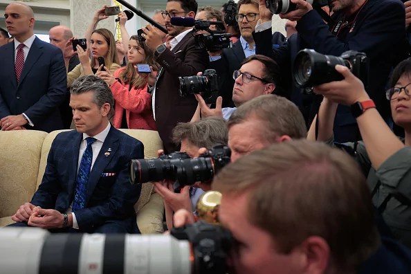 U.S. Defense Secretary Pete Hegseth attends a meeting between President Donald Trump and Norway's Prime Minister Jonas Gahr Store in the Oval Office at the White House on April 24, 2025 in Washington, DC. The leaders are expected to discuss security, trade, NATO and the war in Ukraine.