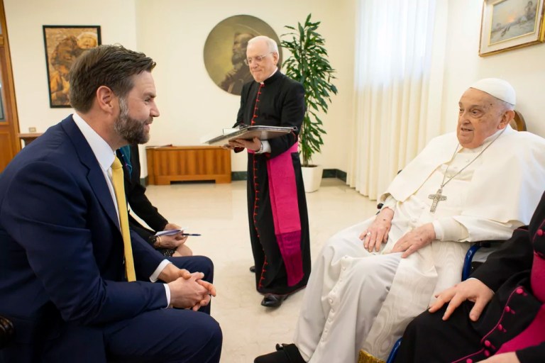 Pope Francis receives Vice President JD Vance, left, before bestowing the Urbi et Orbi (Latin for to the city and to the world) blessing at the end of the Easter Mass presided over by Cardinal Angelo Comastri in St. Peter's Square at the Vatican Sunday, April 20, 2025.