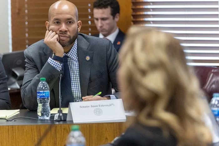 Georgia state Sen. Jason Esteves, (D-Atlanta) listens to testimony during a Senate hearing at the Georgia State Capitol on Wednesday, March 6, 2024 in Atlanta.