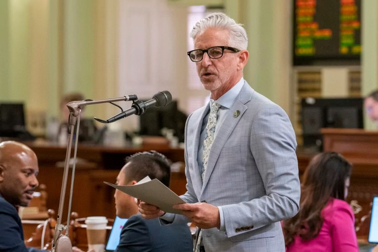 Democratic state Rep. Josh Lowenthal speaks on a bill before the Assembly at the Capitol in Sacramento, California, Thursday, June 1, 2023.