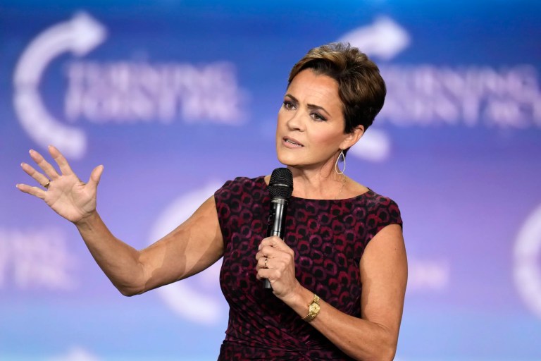 Kari Lake speaks to supporters at a campaign event, Sept. 4, 2024, in Mesa, Ariz.