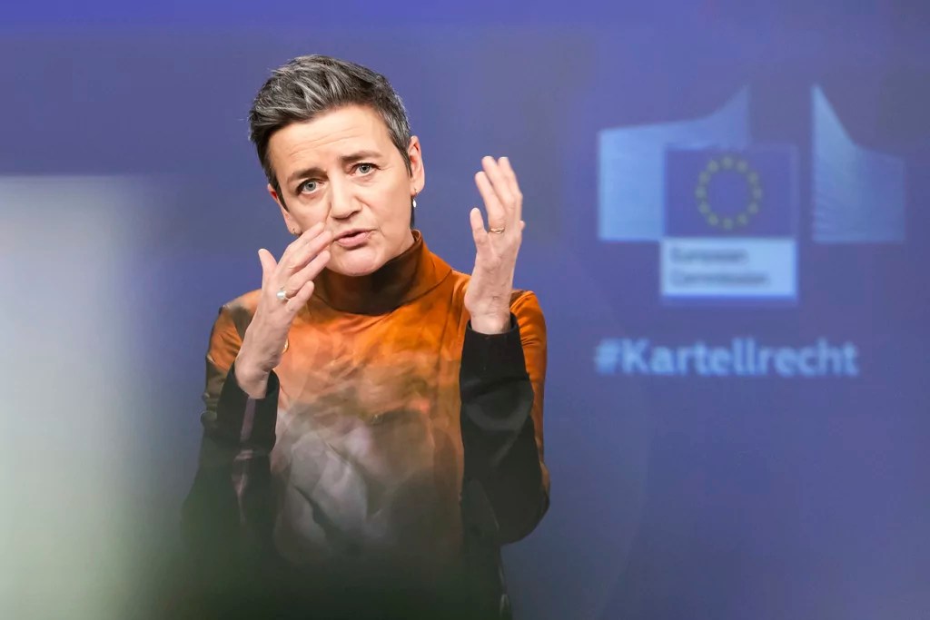 EU Commission vice president Margrethe Vestager addresses the media on Apple Music streaming services at EU headquarters in Brussels, Monday, March 4, 2024. Vestager addressed the media after the 27-nation bloc slapped a massive 1.8 billion fine on Apple for allegedly abusing its dominant position when it comes to music streaming services.