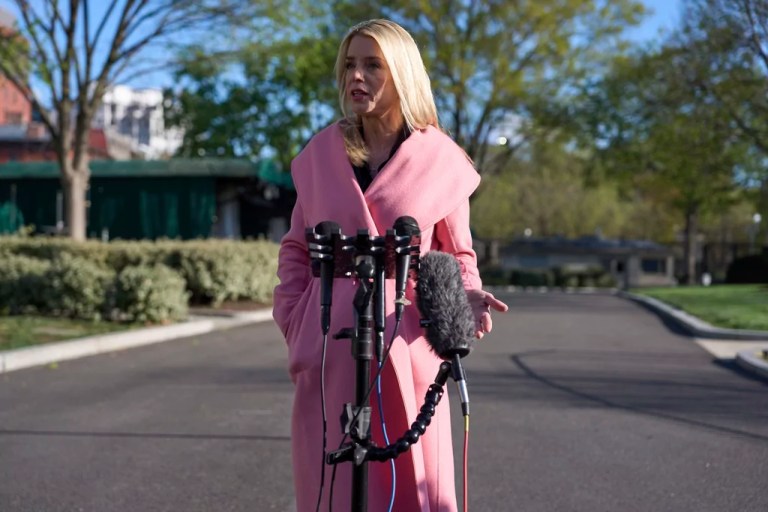 Attorney General Pam Bondi speaks with reporters at the White House, Tuesday, April 8, 2025, in Washington.