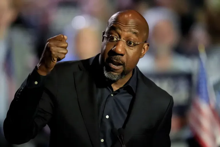 Sen. Raphael Warnock (D-GA) speaks during a Rally for our Republic gathering, Saturday, March 22, 2025, in Atlanta.