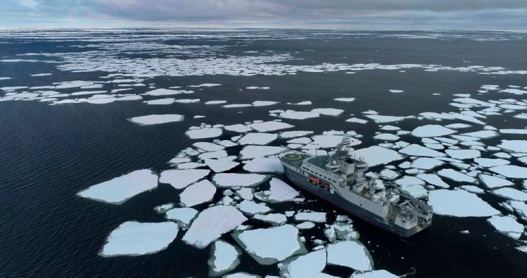 Norwegian research vessel RV Kronprins Haakon navigates through sea ice.