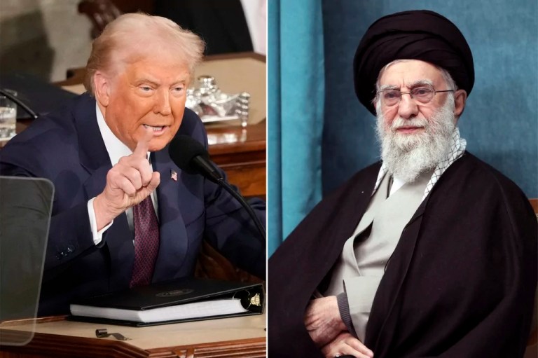 This combination image of pictures show President Donald Trump, left, addressing a joint session of Congress at the Capitol in Washington, March 4, 2025, and a handout of Supreme Leader Ayatollah Ali Khamenei attending a ceremony in Tehran, Iran, March 8, 2025.