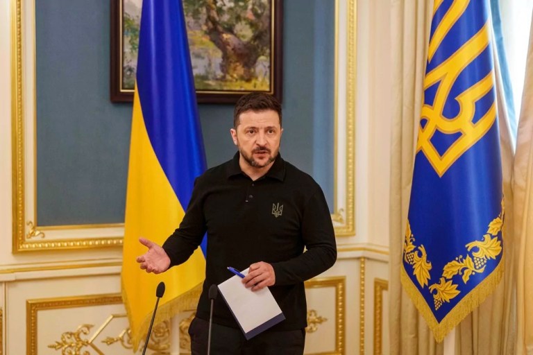 Ukrainian President Volodymyr Zelenskyy speaks during a press conference.