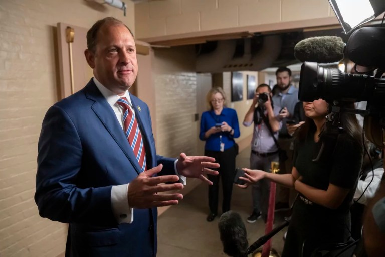 Rep. Andy Barr (R-KY) speaks to reporters at the Capitol in Washington, Oct. 3, 2023.
