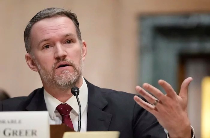 U.S. Trade Rep. Jamieson Greer testifies before the Senate Finance Committee on Capitol Hill in Washington, Tuesday, April 8, 2025.