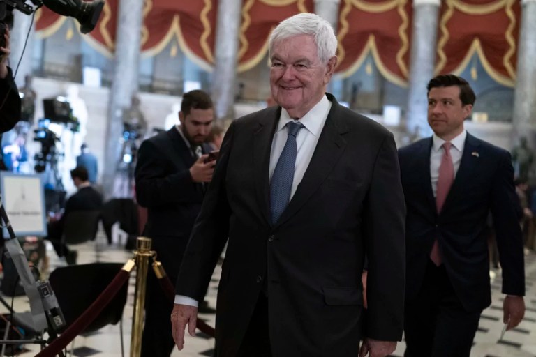 Former House Speaker Newt Gingrich walks to the House Chamber before President Donald Trump addresses a joint session of Congress at the Capitol in Washington, Tuesday, March 4, 2025.
