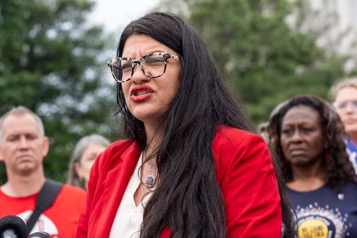 Rep. Rashida Tlaib, D-Mich., and union activists discuss free speech on college campuses, at the Capitol in Washington, Thursday, May 23, 2024. (AP Photo/J. Scott Applewhite)