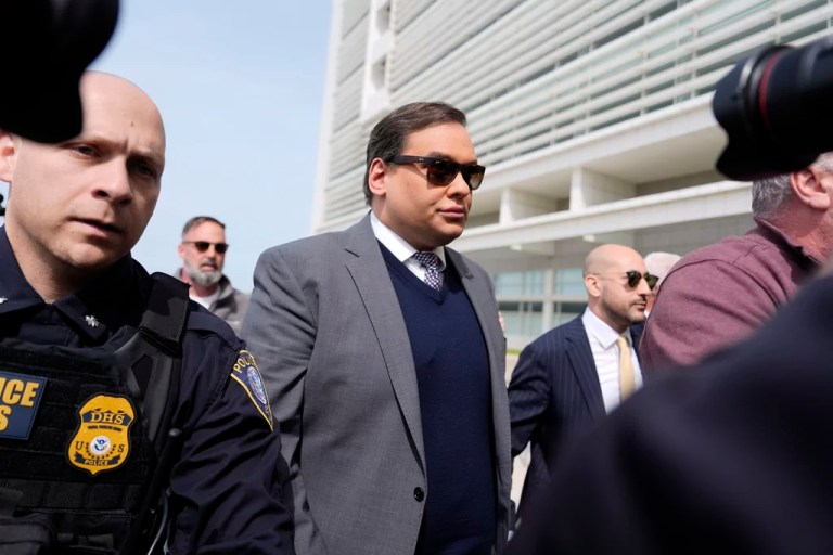 Former U.S. Rep. George Santos arrives at federal court for sentencing, Friday, April 25, 2025, in Central Islip, N.Y. (AP Photo/Julia Demaree Nikhinson)