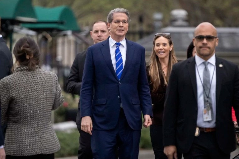 Treasury Secretary Scott Bessent leaves after doing a TV interview outside the White House, Wednesday, April 2, 2025, in Washington.