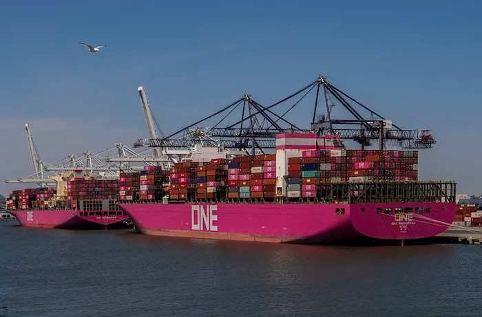 Shipping containers sit on the container ships One Contribution and One Manhattan at Port Jersey, Friday, April 18, 2025, in Jersey City, N.J
