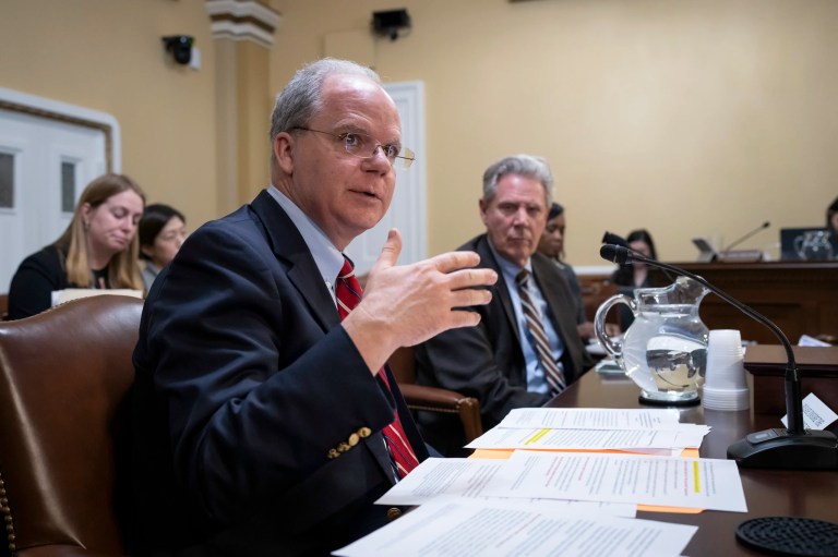 Rep. Brett Guthrie (R-KY), chairman of the House Subcommittee on Health, joined by House Energy and Commerce Committee Ranking Member Frank Pallone (D-NJ), goes before the House Rules Committee to advance a bill to end the requirement by the Centers for Disease Control and Prevention for proof of COVID-19 vaccination for foreign travelers coming to the U.S. at the Capitol in Washington, Monday, Feb. 6, 2023.