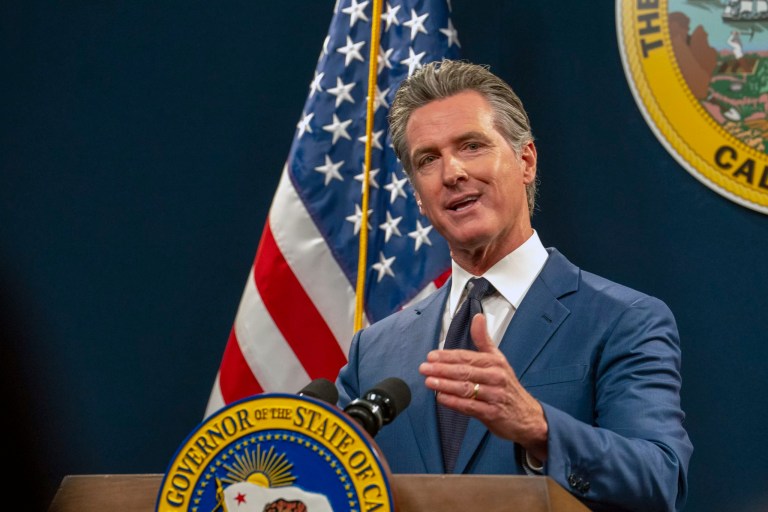 Gov. Gavin Newsom (D-CA) discusses his revised 2024-25 state budget during a news conference in Sacramento, California, Friday, May 10, 2024.