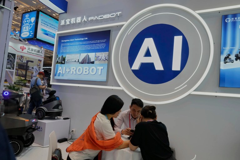 Vendors for AI enabled robots wait for customers at the 137th Canton Fair.