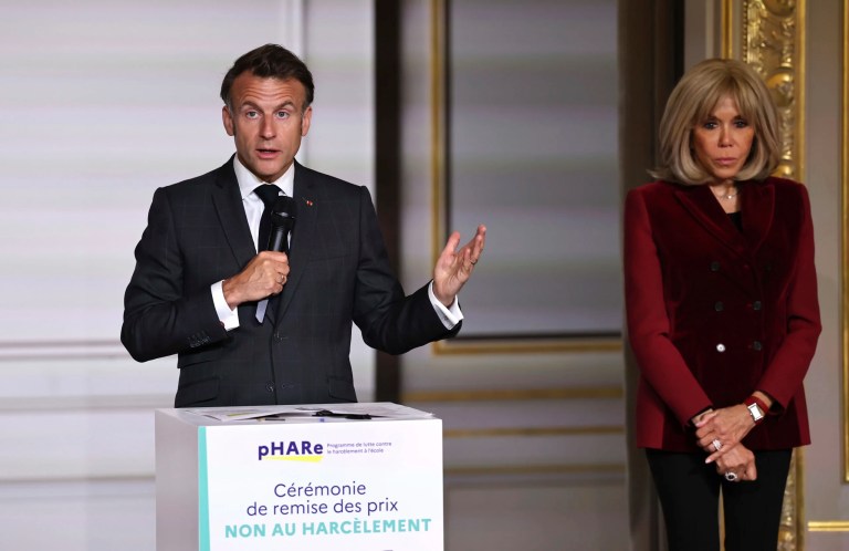 French President Emmanuel Macron and his wife Brigitte Macron attend the 'No to Bullying' award ceremony at the Elysee Palace in Paris, Wednesday, 21 May 2025.