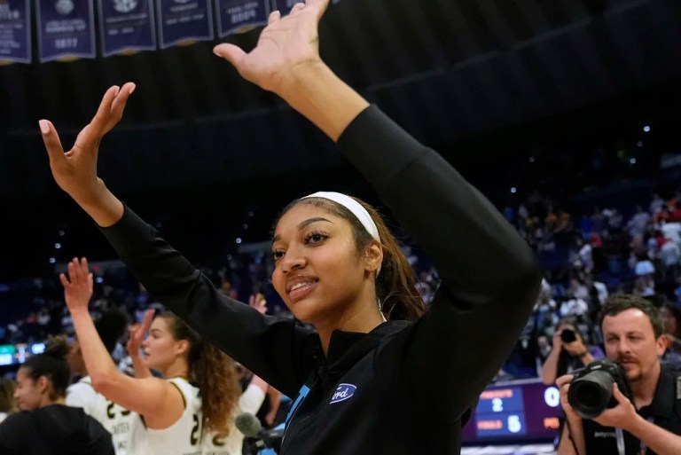 Chicago Sky forward Angel Reese responds to the crowd after a WNBA exhibition basketball game against Brazil in Baton Rouge, Louisiana, Friday, May 2, 2025.