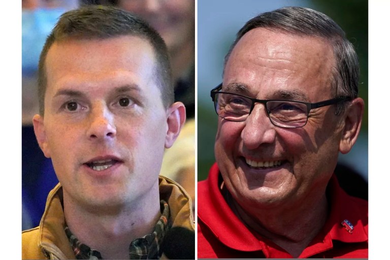 This photo combo shows Rep. Jared Golden, D-Maine, speaking at a news conference, Nov. 1, 2022, in Augusta, Maine and former Gov. Paul LePage marching in the State of Maine Bicentennial Parade, Aug. 21, 2021, in Lewiston, Maine.