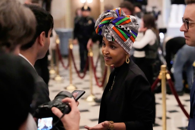 Rep. Ilhan Omar, D-Minn., speaks with reporters before President Donald Trump arrives to address a joint session of Congress at the Capitol in Washington, Tuesday, March 4, 2025.