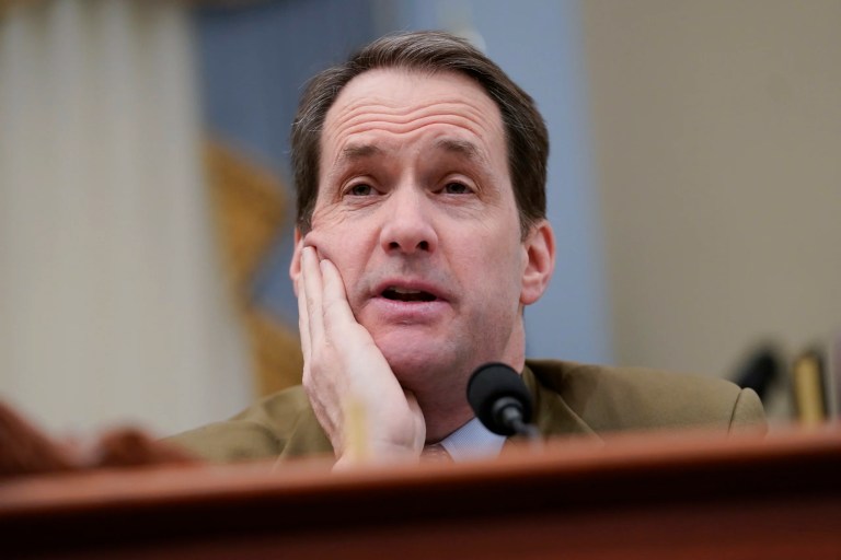 Rep. Jim Himes (D-CT), House Select Committee on Intelligence ranking member, speaks during the House Select Committee on Intelligence's annual open hearing.