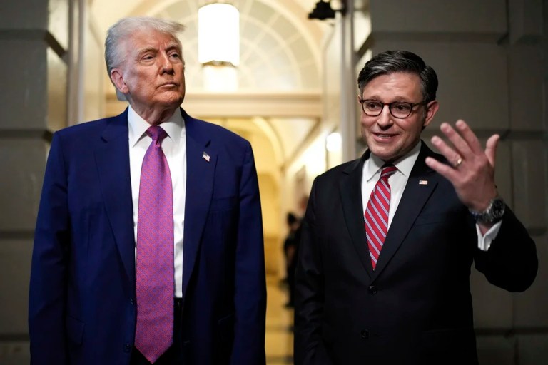 President Donald Trump and Speaker of the House Mike Johnson (R-LA) speak to reporters after departing a House Republican conference meeting, Tuesday, May 20, 2025, at the U.S. Capitol in Washington.