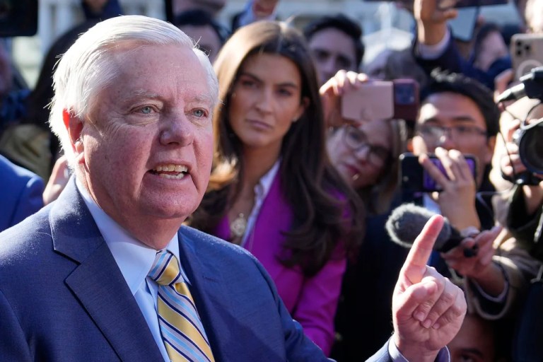 Sen. Lindsey Graham (R-SC) speaks to reporters outside the West Wing of the White House.