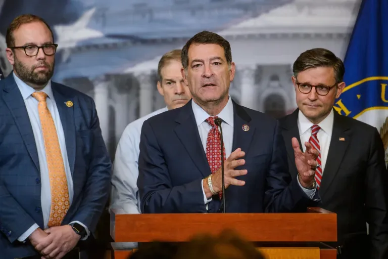 Rep. Mark Green (R-TN), center, is joined by from left: Reps. Jason Smith (R-MO), Jim Jordan (R-OH), and Speaker of the House Mike Johnson (R-LA), right, during a news conference at the Capitol, Tuesday, May 20, 2025, in Washington.