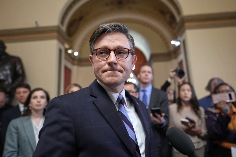 Speaker of the House Mike Johnson, R-La., talks to reporters just after House Republicans narrowly approved their budget framework, at the Capitol in Washington, April 10, 2025.