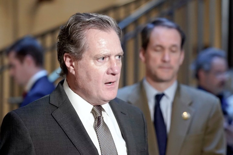 Rep. Mike Turner (R-OH), House Intelligence chairman, left, speaks with reporters on Capitol Hill in Washington, Feb. 15, 2024, as Rep. James Himes (D-CT), right, listens.