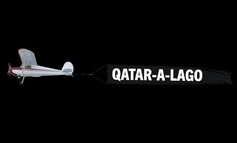 DNC banner trolling President Donald Trump while he visits Qatar.