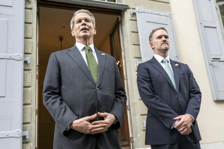 US Secretary of the Treasury Scott Bessent, left, and US Trade Representative Jamieson Greer meet the media on the second day of a bilateral meeting between the United States and China, in Geneva, Switzerland, Sunday, May 11, 2025.