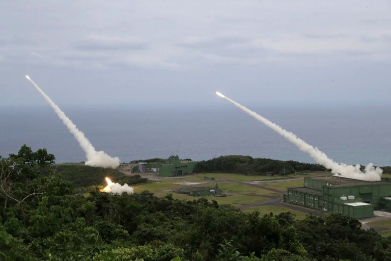 Rocket practice rounds are launched from M142 High Mobility Artillery Rocket System during a testing drill in Pingtung County, Southern Taiwan, Monday, May 12, 2025. (AP Photo/Chiang Ying-ying)