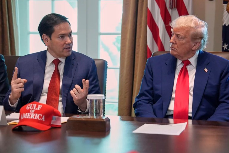 Secretary of State Marco Rubio speaks during a cabinet meeting at the White House, Wednesday, April 30, 2025, in Washington, as President Donald Trump look on.