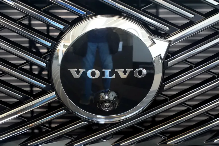 This is the Volvo logo on the grill of a Volvo automobile on display at the Pittsburgh International Auto Show in Pittsburgh, Feb. 14, 2025.