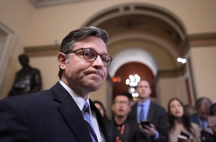 Speaker of the House Mike Johnson (R-LA) talks to reporters just after House Republicans narrowly approved their budget framework, at the Capitol in Washington, Thursday, April 10, 2025.