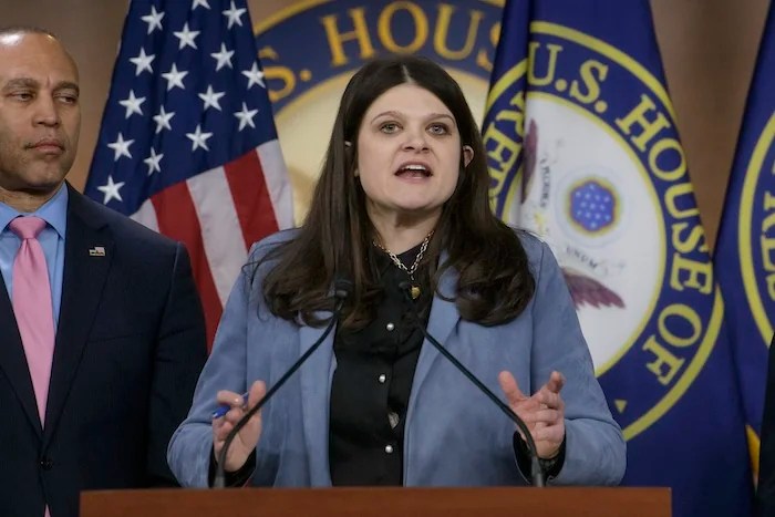 Rep. Haley Stevens, D-Mich., joined by House Minority Leader Hakeem Jeffries, D-N.Y., speaks during a press conference on Capitol Hill, Thursday, Feb. 6, 2025, in Washington. (AP Photo/Rod Lamkey, Jr., File)