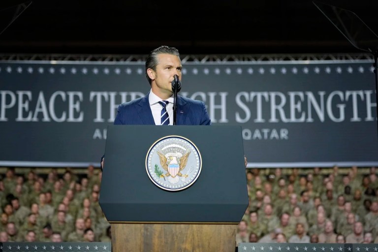 U.S. Secretary of Defense Pete Hegseth speaks at the Al Udeid Air Base, Thursday, May 15, 2025, in Doha, Qatar.